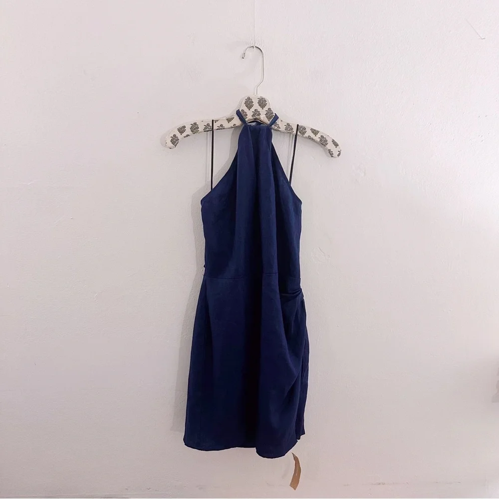 Reformation The Dory Dress Linen Faux Wrap Navy Blue Mini Halter NWT - Picture 2 of 10